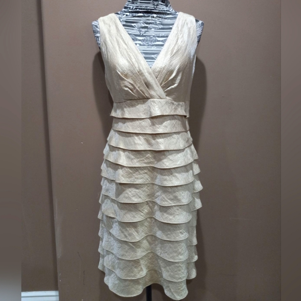 London Times Gold Dress Metallic Tiered Dress 14